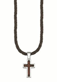 Spleciony brązowy skórzany naszyjnik z metalowym zapięciem w kolorze srebrnym, z krzyżem jako zawieszką wykonaną z drewna, wykończoną polerowanym metalem.