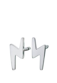 Cufliki v obliki srebrnega strele, ki se ponašajo z gladko, polirano površino z ostrimi koti in jasnim geometrijskim dizajnom. Preprost nosilec.