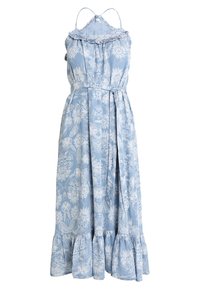 Jasnoniebieska maxi sukienka w kwiaty z falbaniastymi ramiączkami, wiązanym paskiem w talii i rozkloszowanym dołem z białymi wzorami botanicznymi na całej powierzchni.