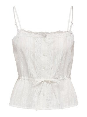 Bluza albă fără mâneci cu dantelă decorativă, nasturi în față, bretele subțiri reglabile, dungi verticale texturate și curea legată în talie.