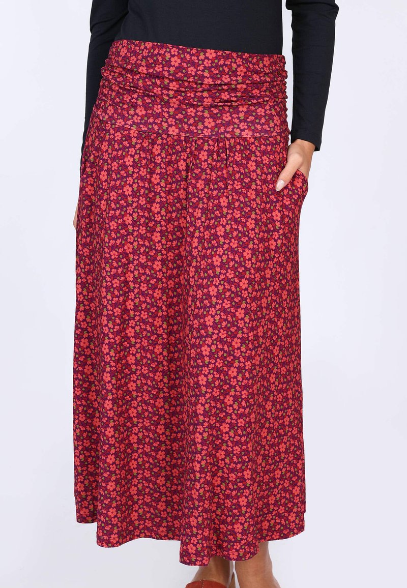 Langes Rock mit Blumenmuster in Pink- und Rottönen, ausgestattet mit einem gerafften Bund und Taschen für zusätzlichen Nutzen.