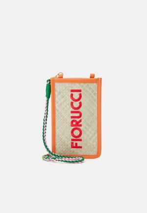 Small woven crossbody bag with orange trim, red "FIORUCCI" text, and green, pink, and purple braided strap on white background.