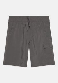 Pantalones cortos de carga grises hechos de un material ligero, con un cinturón elástico, cordón, bolsillos delanteros y un bolsillo lateral de carga.