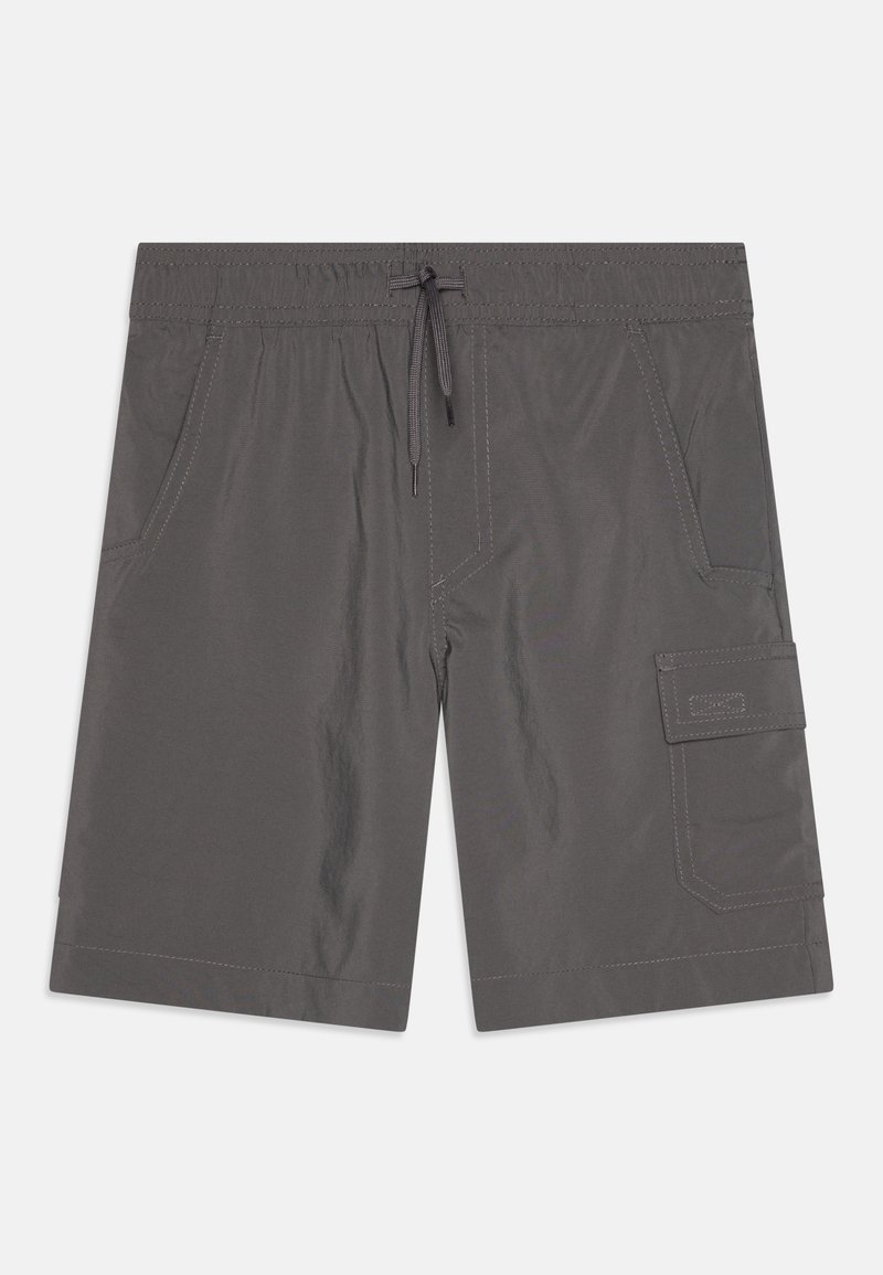 Pantalones cortos de carga grises hechos de un material ligero, con un cinturón elástico, cordón, bolsillos delanteros y un bolsillo lateral de carga.