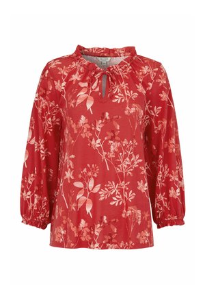 Rote Langarmbluse mit elastischen Bündchen, Blumenmuster, gerafftem Ausschnitt und Schlüsselloch-Bindeband vorne.