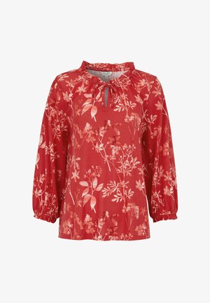 Rode blouse met lange mouwen, elastische manchetten, bloemmotief, gerimpelde halslijn en een keyhoel-veterdetail aan de voorkant.