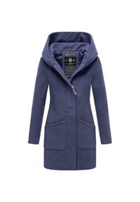 Navy blue fleece coat with a large hood, two front pockets, and a button closure. Features a decorative inner label and leather accents.