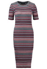 Tröja i stickat med korta ärmar, med horisontella ränder i röd, marinblå och grå. Tätt sittande design med ribbat mönster och längd till mitten av vaderna.