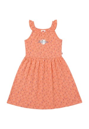 Robe orange sans manches pour fille, avec petits motifs de feuilles violettes et blanches, bretelles à volants, et logo "Cooper" sur la poitrine à l'intérieur d'un cœur.