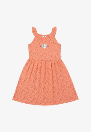 Robe orange sans manches pour fille, avec petits motifs de feuilles violettes et blanches, bretelles à volants, et logo "Cooper" sur la poitrine à l'intérieur d'un cœur.