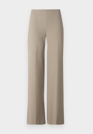 Beige weit geschnittene Hose aus strukturiertem Stoff, mit hohem Bund und ohne sichtbare Verschlüsse oder Taschen. Glatte, taillierte Silhouette.