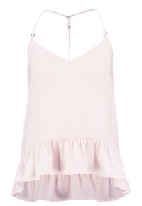 Top sin mangas de color rosa claro con escote en V, con un dobladillo con volantes y finas tirantes ajustables. Textura suave, diseño informal.