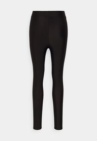 Leggings pretos feitos de um tecido liso e elástico. Apresentam uma cintura alta e um design ajustado, sem padrões ou enfeites visíveis.