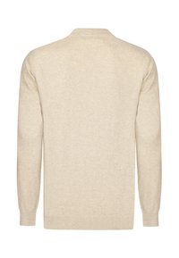 Helles beige Strickpullover mit langen Ärmeln, rundem Ausschnitt und gerippten Bündchen und Saum. Texturiertes, weiches Material mit minimalen Details.