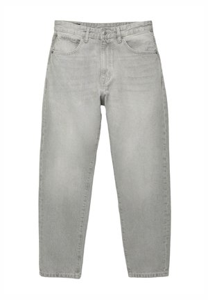 Ljust grå denimjeans med avslappnad passform, medelhög midja, femfickorsdesign och raka ben. Slät textur med lätt blekning.