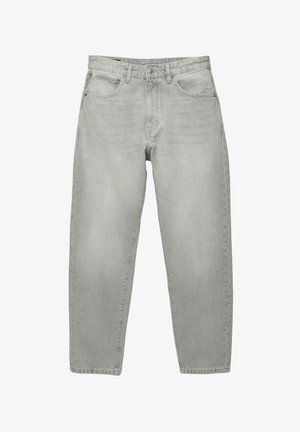 Light gray denim jeans with a relaxed fit, medium rise, five-pocket design, and straight legs. Smooth texture with slight fading.