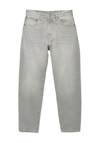 Hellgraue High-Waist-Jeans mit Frontknopf und Reißverschluss, zwei Vordertaschen, Gürtelschlaufen und geradem Bein.