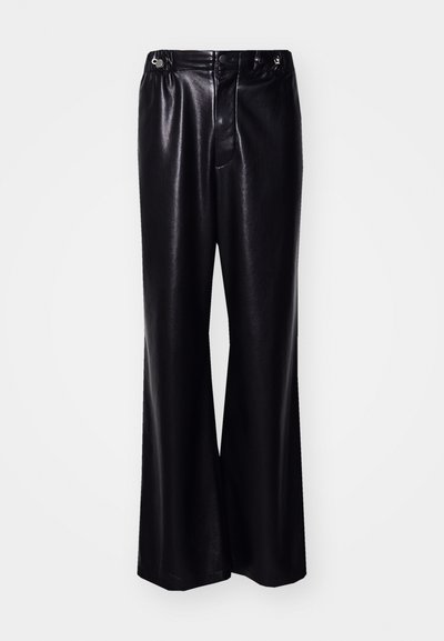Black faux leather wide-leg trousers with a high waist, front button closure, and subtle sheen finish. Smooth texture, versatile design.