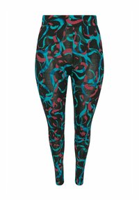 Leggingsit mustassa kankaassa, jossa on tehosteena turkoosi ja burgundin värinen pyörrekuvio. Sujuva pinta, tiukka malli ja joustava vyötärö.