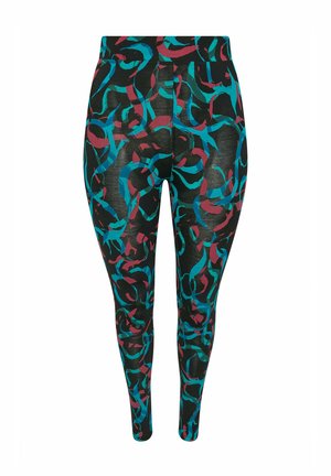 Leggings in een zwarte stof met een zwirled patroon van teal en bordeauxrood. Smeuïge textuur met een aansluitend ontwerp en een elastische tailleband.