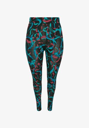 Leggings aus einem schwarzen Stoff mit einem sich windenden Muster in Türkis und Burgunder. Glatte Textur mit einem körperbetonten Design und einem elastischen Bund.