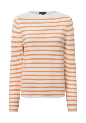 Gestreifter langärmliger Pullover in Creme und Orange. Mit Rundhalsausschnitt, gerippter Textur und normaler Passform, ausgestattet mit gleichmäßig angeordneten horizontalen Streifen.