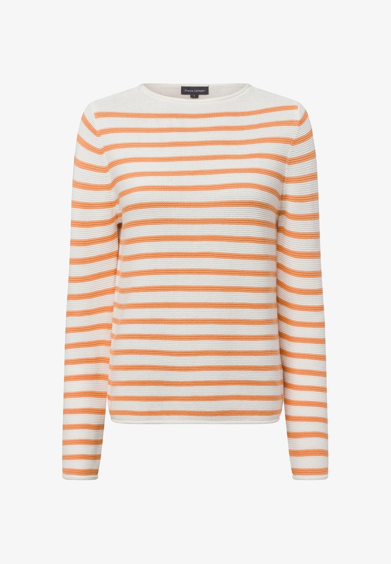 Gestreifter langärmliger Pullover in Creme und Orange. Mit Rundhalsausschnitt, gerippter Textur und normaler Passform, ausgestattet mit gleichmäßig angeordneten horizontalen Streifen.