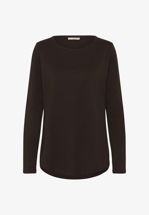 Black long-sleeve shirt made of soft fabric. Features a round neckline and a curved hem with minimal stitching detail.