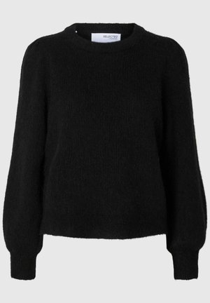 Schwarzer gestrickter Pullover mit rundem Ausschnitt, langen Puffärmeln und gerippten Bündchen. Die weiche, flauschige Textur steigert Wärme und Komfort.