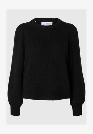 Schwarzer gestrickter Pullover mit rundem Ausschnitt, langen Puffärmeln und gerippten Bündchen. Die weiche, flauschige Textur steigert Wärme und Komfort.