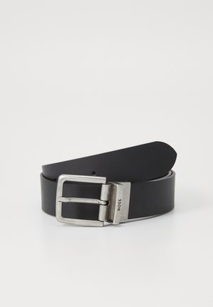 Black leather belt with a rectangular silver metal buckle. The buckle features the brand name "BOSS." Smooth texture with clean lines.