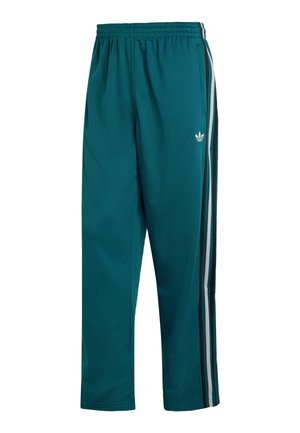 Pantalones deportivos en color verde azulado con cintura elástica, bolsillos laterales y tres franjas laterales en negro, blanco y gris, con un pequeño logo blanco de Adidas.