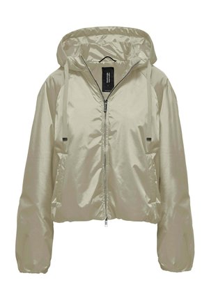 Beżowa lekka kurtka z kapturem, z przednim zamkiem błyskawicznym, regulowanymi sznurkami i dwoma bocznymi kieszeniami, przedstawiona na białym tle.