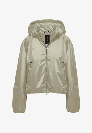 Giacca leggera beige con cappuccio, cerniera frontale, cordini regolabili e due tasche laterali, mostrata su sfondo bianco.