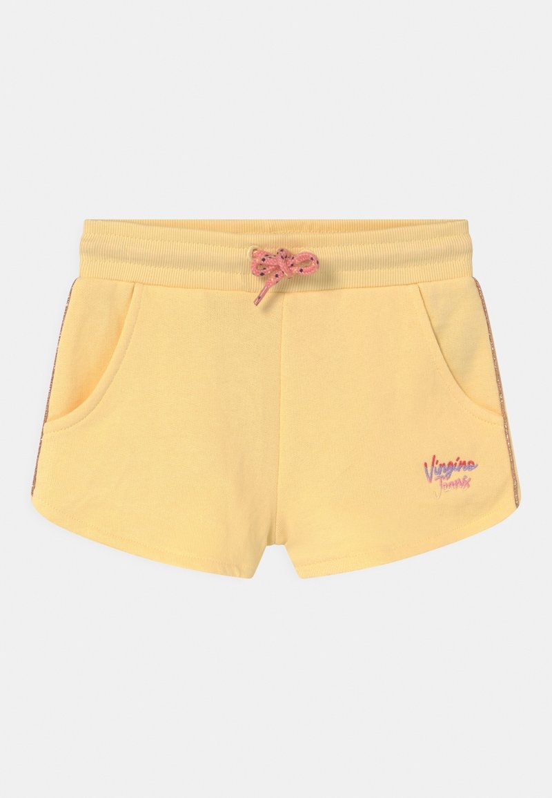 Shorts jaunes pour enfants avec taille élastique, cordon rose, poches latérales et petit logo brodé sur la jambe avant droite.