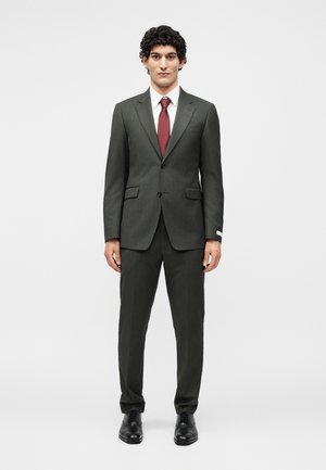 Άνδρας με κοντά σγουρά μαλλιά, ντυμένος με σκούρο γκρι κοστούμι, λευκό πουκάμισο, κόκκινη γραβάτα και μαύρα επίσημα παπούτσια, στέκεται μπροστά σε ένα μονόχρωμο λευκό φόντο.