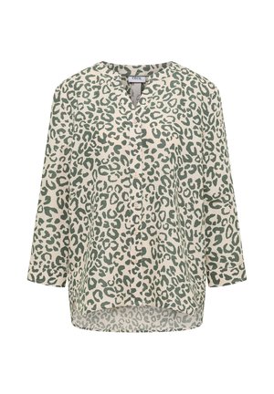 Blouse à manches longues avec motif léopard vert, boutonnée sur le devant et col rond, en tissu léger.