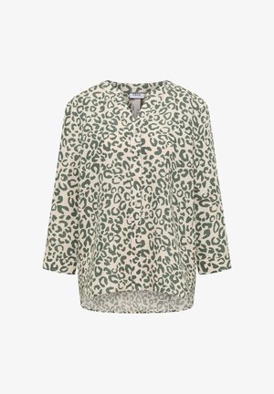 Langærmet bluse med grøn leopardprint, knapper foran og rund halsudskæring, lavet af let stof.