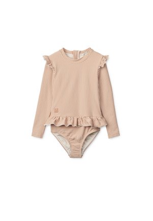 Plavky s dlouhým rukávem s proužkovaným vzorem v odstínech broskve a smetany, s volánovými detaily na rukávech a spodní části, s kulatým výstřihem.