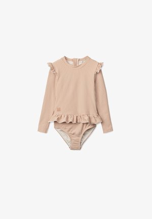 Kostium kąpielowy z długim rękawem w paski w odcieniach brzoskwini i kremu, z falbanami na rękawach i dole oraz okrągłym dekoltem.