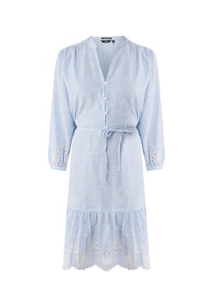 Vestido a rayas azul claro con mangas largas, botón en el frente, cintura ceñida y encaje en el dobladillo. Fabricado con una tela suave y con un diseño fluido.