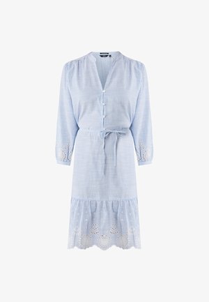 Vestido a rayas azul claro con mangas largas, botón en el frente, cintura ceñida y encaje en el dobladillo. Fabricado con una tela suave y con un diseño fluido.