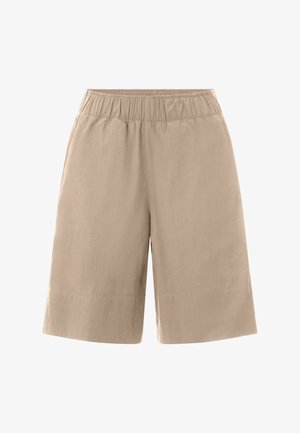 Beige shorts met losse pasvorm en elastische tailleband, knielang, casual stijl, gladde stof, geen zichtbare zakken of logo's.