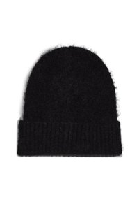 Berretto a maglia nero con una trama soffice, forma rotonda e bordo a coste, progettato per il calore e il comfort.