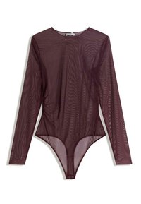 Burgundský bodysuit s dlouhým rukávem vyrobený z pr�ůhledné, texturované tkaniny s vysokým výstřihem, formujícími liniemi a zapínáním na patentky na spodní straně.