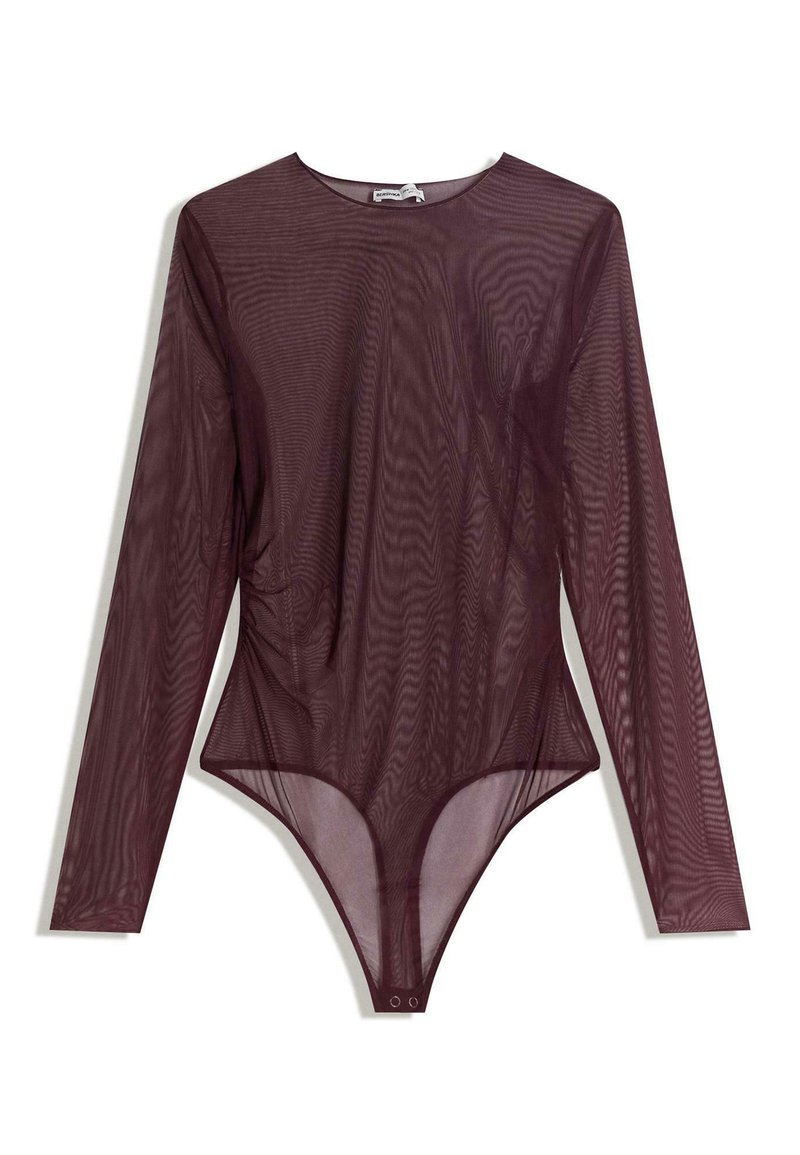 Burgundský bodysuit s dlouhým rukávem vyrobený z průhledné, texturované tkaniny s vysokým výstřihem, formujícími liniemi a zapínáním na patentky na spodní straně.