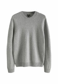 Suéter de punto gris con un cuello redondo, puños y dobladillo acanalados, que presenta una textura suave y un corte holgado. Sin patrones ni acentos visibles.