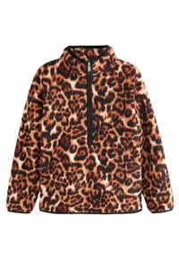 Leopardprint fleece pullover in oranje, zwart en crème, met een half rits voorkant, hoge kraag en lange mouwen. Zachte textuur.