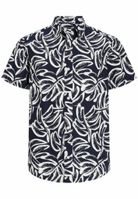 Camicia a maniche corte di colore blu navy, con un motivo di foglie bianche in contrasto. Realizzata in tessuto leggero, presenta un'apertura con bottoni e colletto.