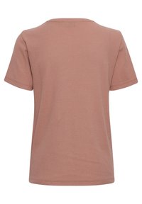 T-shirt a maniche corte con scollo rotondo di colore rosa polveroso. Realizzato in un tessuto texture con un sottile motivo a quadretti. Senza decorazioni visibili.